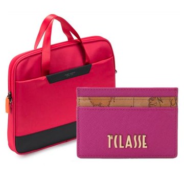 Alviero Martini 義大利地圖包 5卡證件卡夾 + CAMPO MARZIO 13吋輕量尼龍筆電包 -桃紅色 1+1雙品牌組合