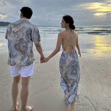 【SEASONS BIKINI】正韓情侶度假印花長洋裝/男款度假上衣 -KK122