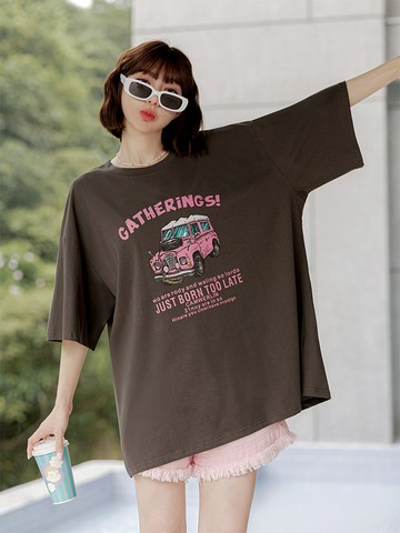 純棉卡車印花寬鬆短袖上衣