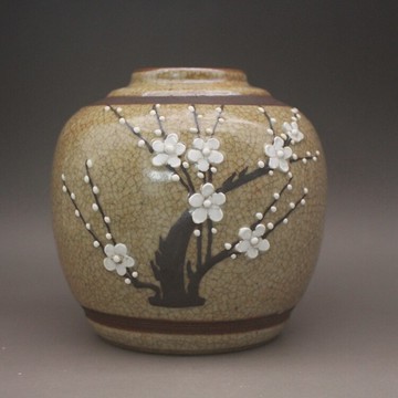 晚清 窯裂紋釉手工堆雕刻梅花紋 罐子古董古玩仿古陶瓷器收藏擺件