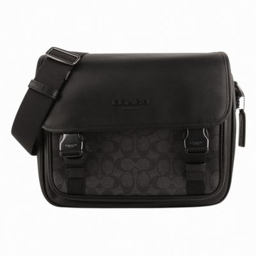 COACH  RACER 雙皮帶釦防刮LOGO 方型斜背包(黑x黑灰)