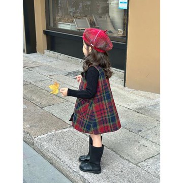 節日童裝2025女童秋季格紋毛呢背心裙子女寶寶韓版可愛甜美連衣裙