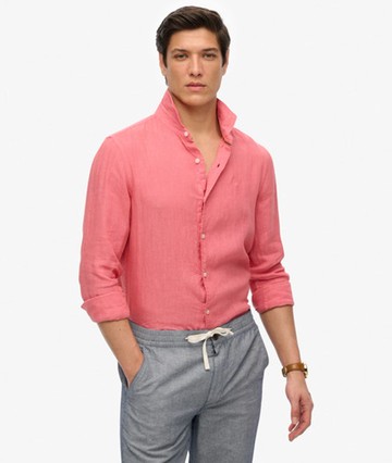 Superdry Men's Embroidered Vacation Linen Shirt Pink Size: L