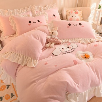 簡約小清新萌萌兔牛奶絨四件套秋冬珊瑚絨被套公主風床用品三套件