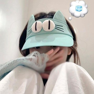 🚚臺灣出🚚喵喵大眼仔卡通夏季防曬薄荷綠空頂帽子女百搭小貓耳朵速幹遮陽帽