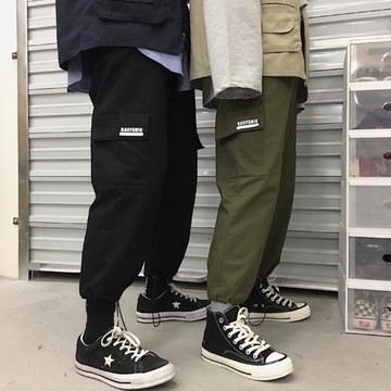 韓版闊腿大口袋工裝褲男女款情侶素色寬鬆直筒休閒縮口褲束口褲褲腳可調整長褲