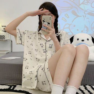 卡通可愛睡衣女夏季純棉2023年新款短袖開衫學生薄款可外穿家居服