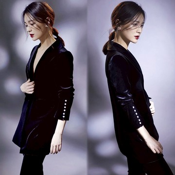 明星同款春秋新款小香風金絲絨西裝套裝女氣質職業西服長褲兩件套