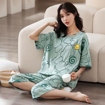 睡衣女款夏季純棉短袖七分褲加肥加大碼200斤 寬松家居服套裝春秋