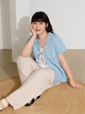 雲朵自訂款-假兩件輕丹寧荷葉領上衣