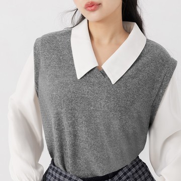 假兩件撞色翻領長袖上衣