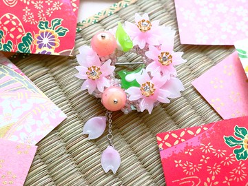 櫻花鳥花環胸針 Sakura 鳥花環胸針 Ruritama 粉紅 Ruritama