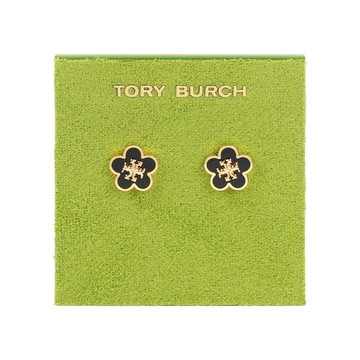 TORY BURCH Kira 花朵設計琺瑯針式耳環(黑色/金色)