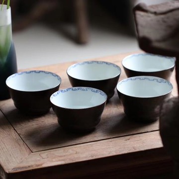 日本回流老物舊器 京都清水燒漆器青花陶瓷手作大茶碗 抹茶碗