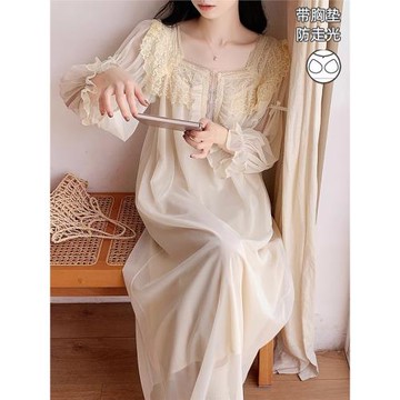 帶胸墊睡裙晨袍新娘女春秋季仙女公主宮廷風法式睡衣家居服莫代爾