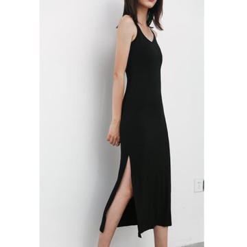 莫代爾黑夏季無袖吊帶連衣裙V領露背中長款打底裙側開叉大碼包郵