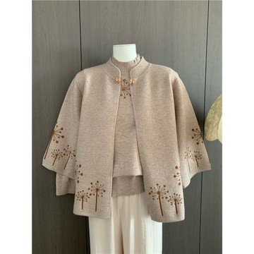 新中式中老年新款秋冬裝加絨兩件套媽媽裝毛衣外套針織打底衫上衣