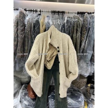 韓國東大門2025秋冬款寬松慵懶風針織開衫高級感高領加厚毛衣外套