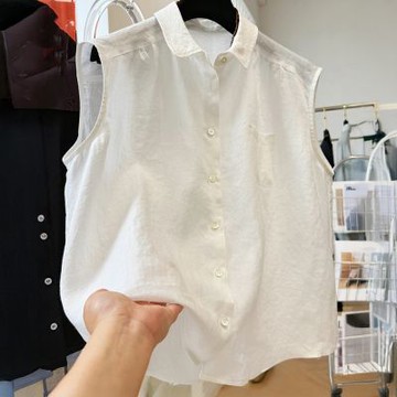 初色 韓系氣質寬鬆純色單排釦翻領無袖背心襯衫上衣女上衣-共2色-13738(M-2XL可選)
