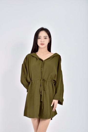 (2XL) 質感棉質連帽長袖抽繩綠色洋裝