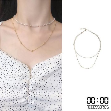 【00:00】韓國設計雙層珍珠金屬質地拼接項鍊