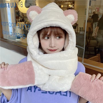 小熊仿獺兔一體絨絨帽子手套圍巾可愛三件套保暖冬季加厚加大女