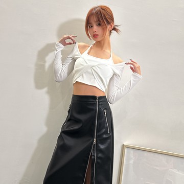 繞脖扭結假兩件罩杯上衣-白【KT224763】