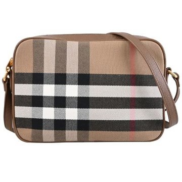 BURBERRY 格紋印花帆布斜背包/相機包(咖棕 23.5cm)