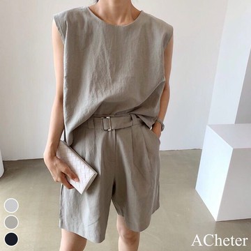 【ACheter】春夏新品韓國chic無袖背心+復古高腰短褲棉麻兩件式套裝 # 116845(現貨+預購)