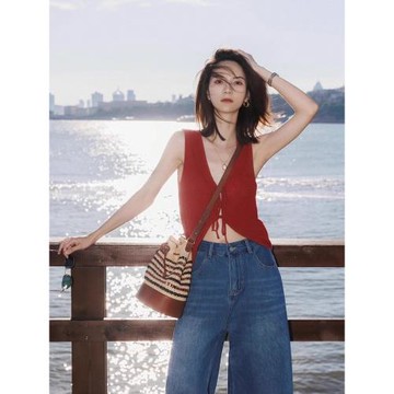 復古紅色V領系帶針織馬甲開衫女夏絕美外穿小背心無袖上衣高級感