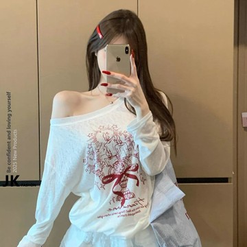 【JK極客】美式防曬上衣 長袖 上衣女 塗鴉斜肩薄款甜妹上衣 長袖t恤 防曬罩衫 夏慵懶風衣服