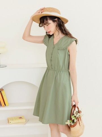 小V臉．荷葉娃娃領棉麻短洋裝