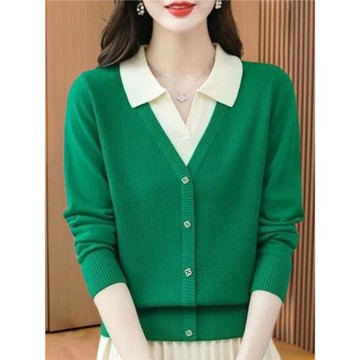 春季高級感洋氣漂亮翻領假兩件針織衫女2026新款休閑百搭長袖上衣