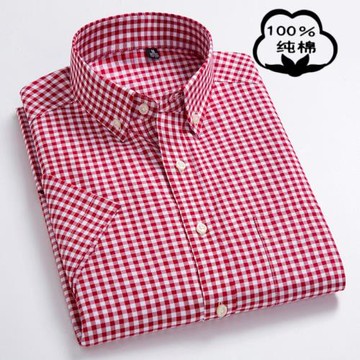新款純棉短袖襯衫男士藍黃紅格子休閑夏季大方格中年全棉半袖襯衣
