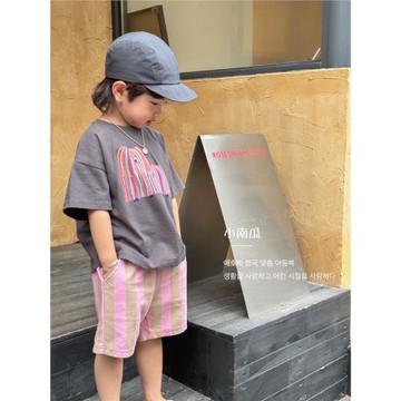 小南瓜Kids 韓國童裝男女童時髦獅子狗短袖T恤豎條短褲洋氣2024夏