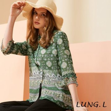 LUNG.L林佳樺 綠色高雅印花前開襟雪紡七分袖女裝上衣 LU31A