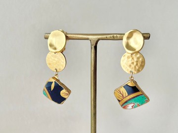 有田燒 金繼 螺旋耳夾式耳環 金色 葉紋 搖曳 傳統工藝 No.242