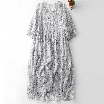 【ACheter】亞麻感寬鬆V領五分袖通勤溫柔文藝清新連身裙長洋裝# 124667