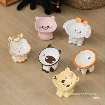 貓碗可愛動物系列陶瓷寵物喝水碗高腳護頸貓碗防黑下巴貓糧碗狗碗