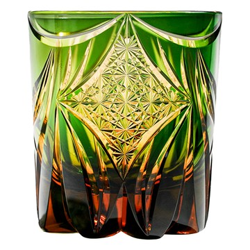 BRAVOMART 日式江戶切子 羽焰光紋手工切割威士忌杯 綠琥珀  1個  80 x 90mm