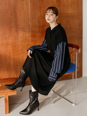 假兩件半開襟條紋拼接長袖洋裝