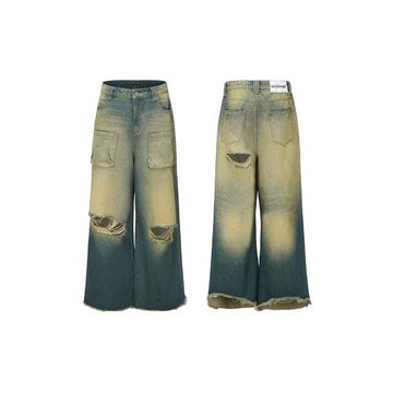 ERISSTOFF Y2K千禧懷舊黃重磅水洗復古做舊百搭廓形象腿牛仔褲