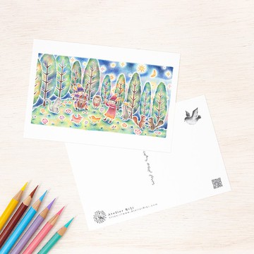 五張一組。如繪本般的明信片「夜晚森林音樂會」 PC-252