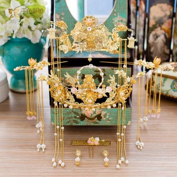 鳳冠  新娘中式古敬酒服鳳冠秀禾服頭飾步搖龍鳳褂結婚發飾   瑪麗蘇