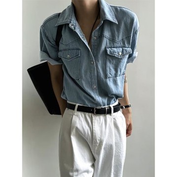 美式復古水洗牛仔短袖襯衫男士夏季薄款潮牌寬松痞帥襯衣外套上衣