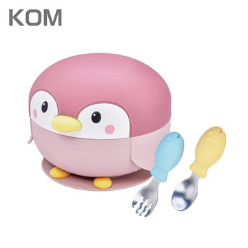 【DOZO嚴選】KOM-海洋歷險趣 不鏽鋼兒童矽膠學習餐具 企鵝 (贈飛魚叉匙組)_粉色x1入