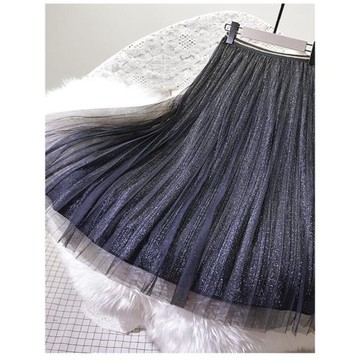 復古松緊腰亮晶晶網紗百褶裙 閃閃顯瘦半身裙中長款大碼亮絲A字裙