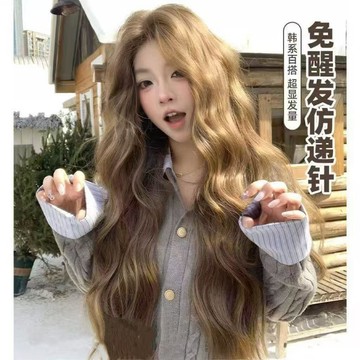 TOP🥇假髮全頭套女 防遞針頭皮 水波紋捲髮 亞麻棕長捲髮 整頂假髮女 瀏海假髮 中分瀏海 假髮女 全頭套假髮 頭頂補髮