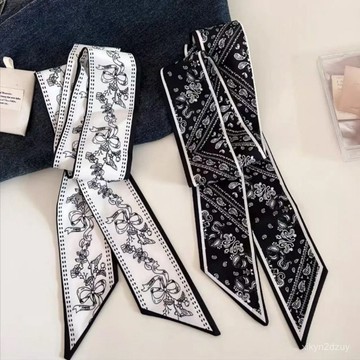 花卉雙麵絲巾複古長款氣質小領巾時尚百搭配飾襯衫高顏值髮帶飄帶