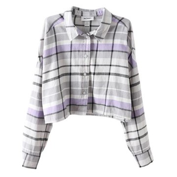 諾諾E站【MK】夏裝  休閑舒適復古格子長袖襯衫顯瘦短款襯衣